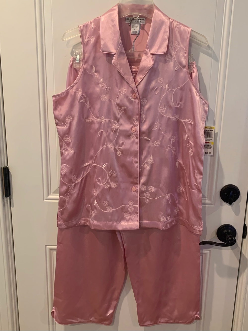 Morgan Taylor Pink Satin Embroidered Sleeveless Pajama Set